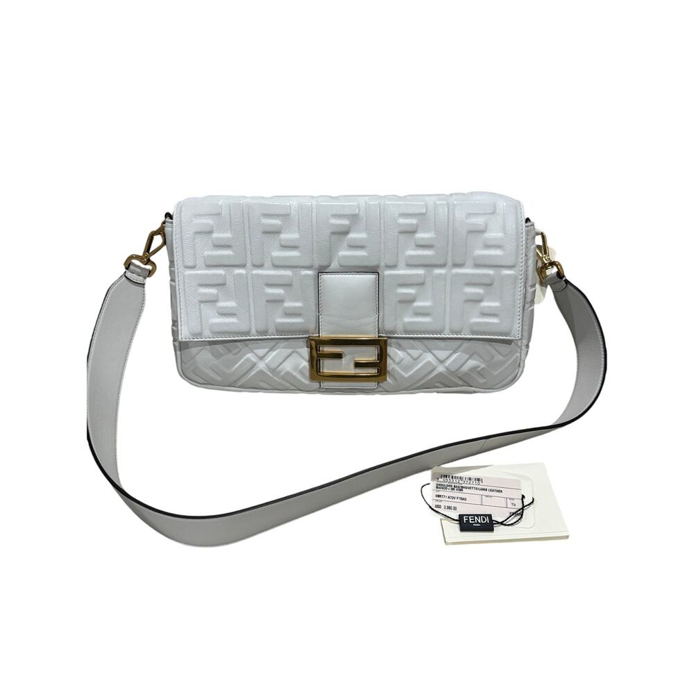 Fendi  Nappa FF 1974 Embossed Large Baguette White NWT